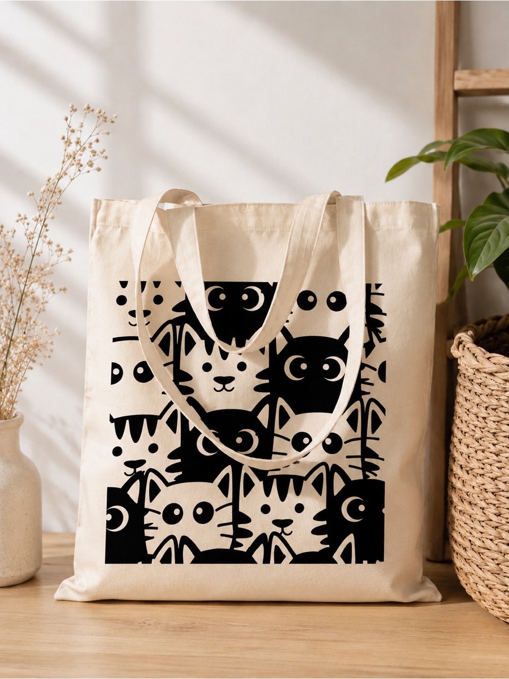 Cream Canvas Tote with Black Cat Pattern